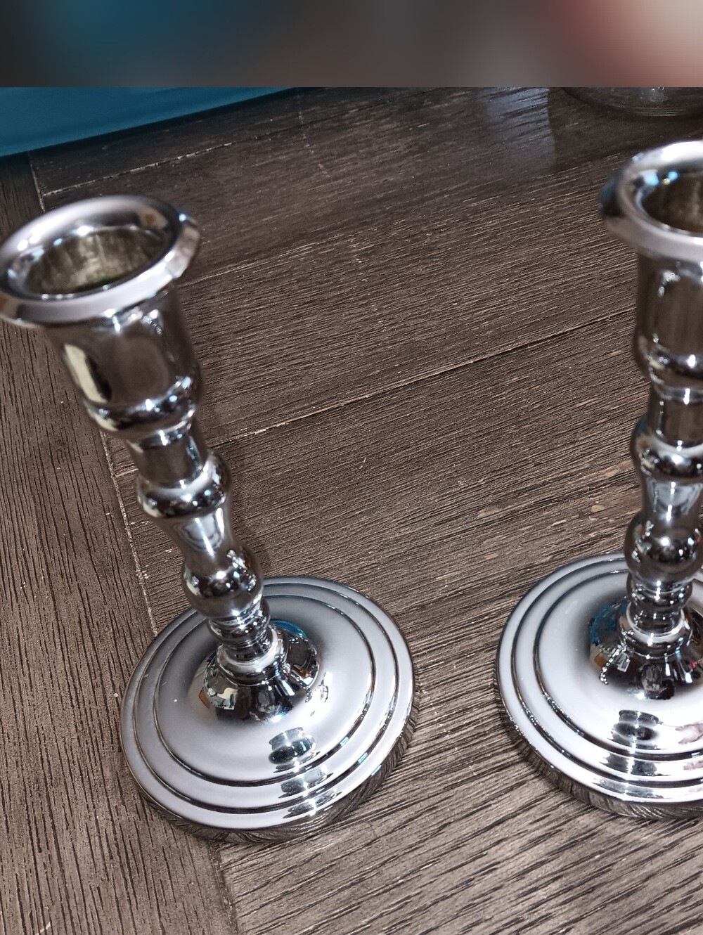 Unk Silver Polished Metal Candlestick Holders - Pair